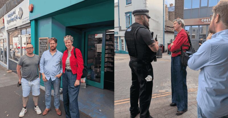 Polly Billington MP speaking with local police and business owners in Broadstairs